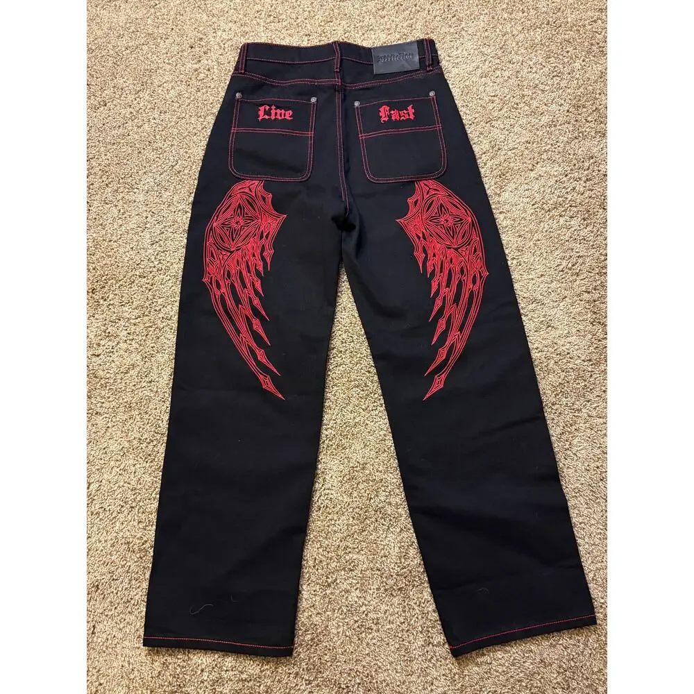NWT Y2K Affliction Wide Leg Wings Black Red Baggy Jeans Mens Size 31 MSRP $128 - Picture 1 of 15